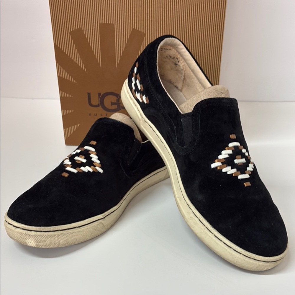 UGG Fierce Rustic Weave Black Suede Slip-Ons with Geometric Design